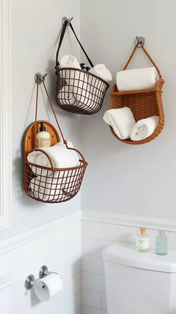Three hanging baskets on a bathroom wall, filled with rolled towels and toiletries.