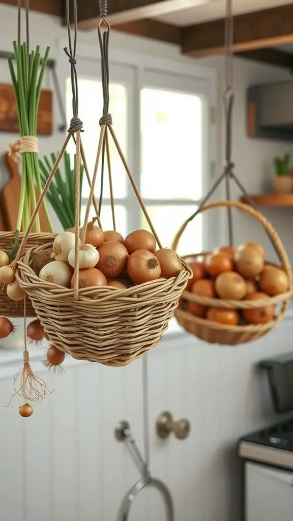19 Affordable Dollar Tree Kitchen Organization Ideas You Need to Try 15 Hanging baskets filled with onions and green onions in a kitchen setting