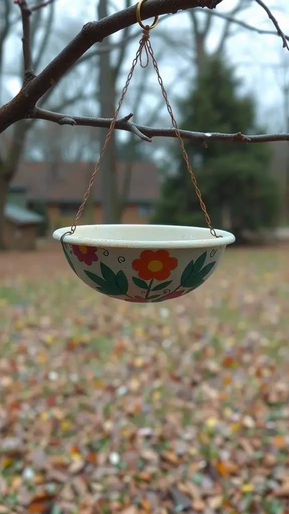 21 Creative Bird Bath Ideas for Stunning Landscaping 10 A colorful hanging bird bath with floral designs, suspended from a tree branch, surrounded by fallen leaves.