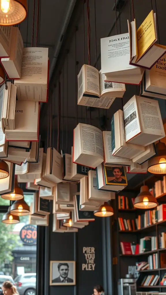 23+ Creative Book Storage Ideas for Every Space 14 A cozy interior with hanging books suspended from the ceiling, showcasing open pages and warm lighting.