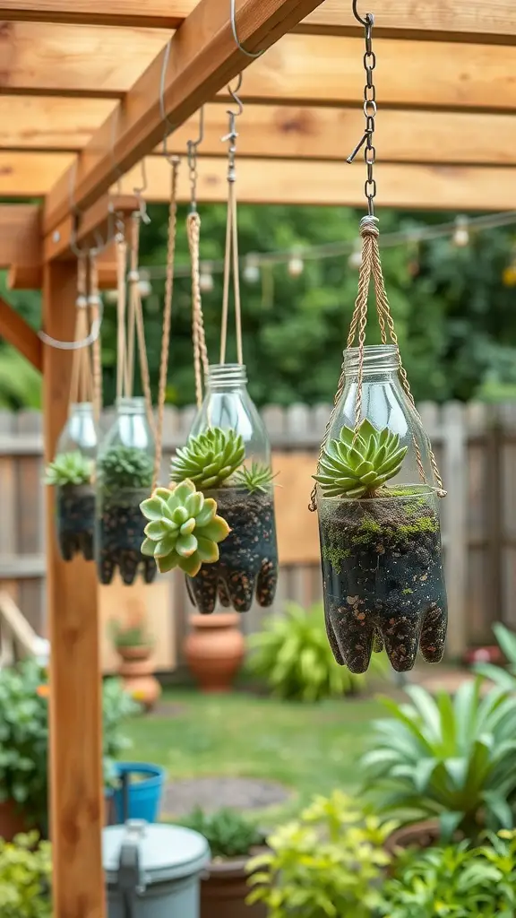Hanging bottle gardens with succulents in clear plastic bottles