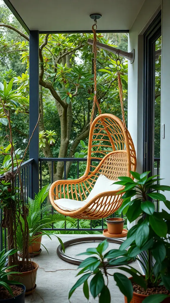23 Creative Small Balcony Decor Ideas You Need to Try 6 A cozy hanging chair on a small balcony surrounded by plants.