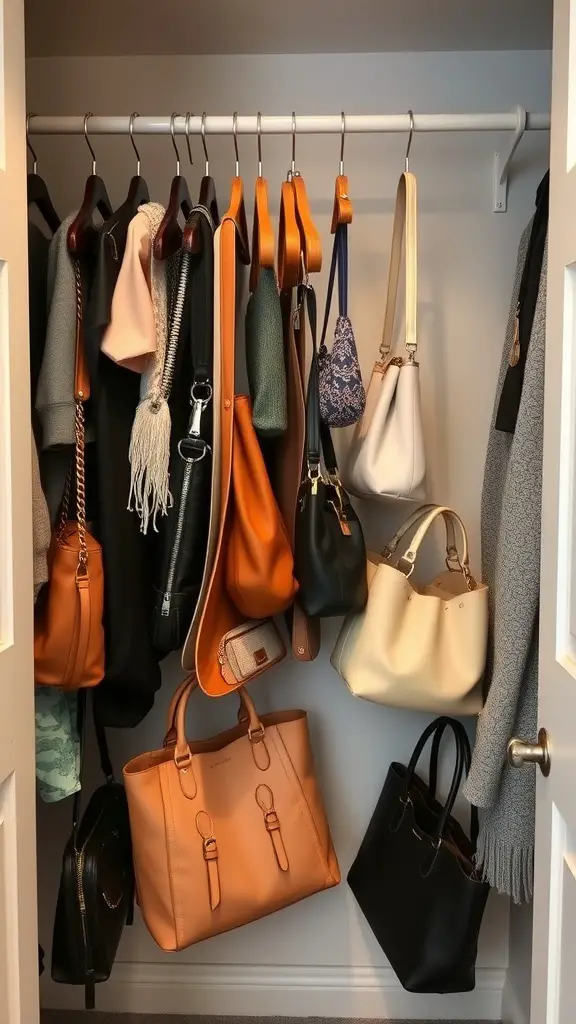 A closet with various handbags organized on hangers, showcasing different styles and colors.