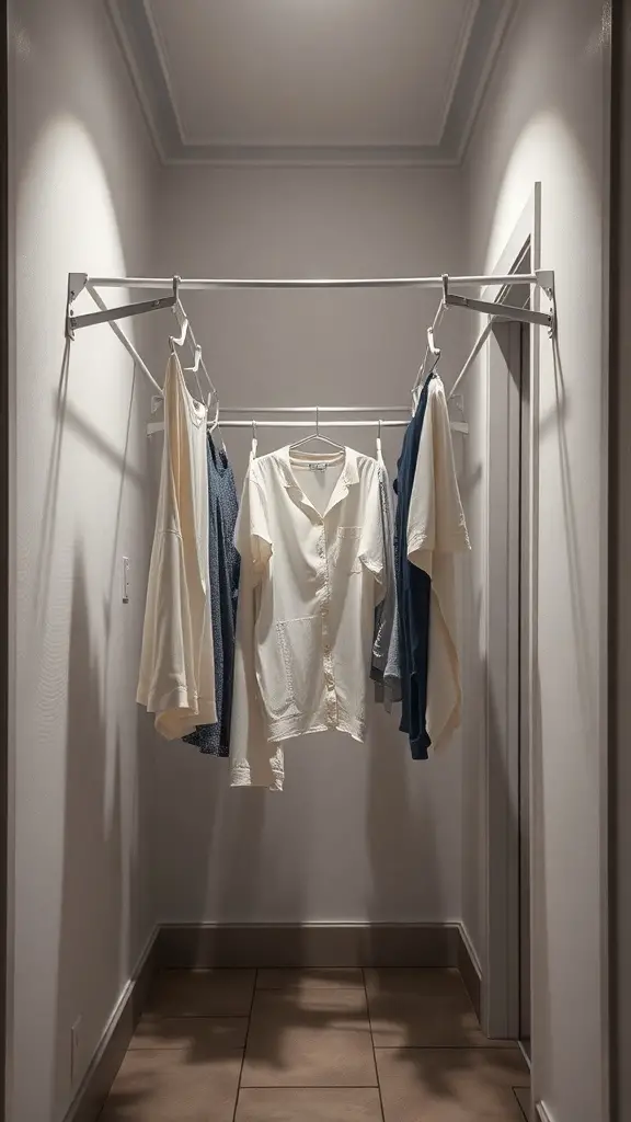 23 Creative Narrow Laundry Room Ideas You’ll Love 11 A narrow laundry room with a wall-mounted drying rack holding several shirts.