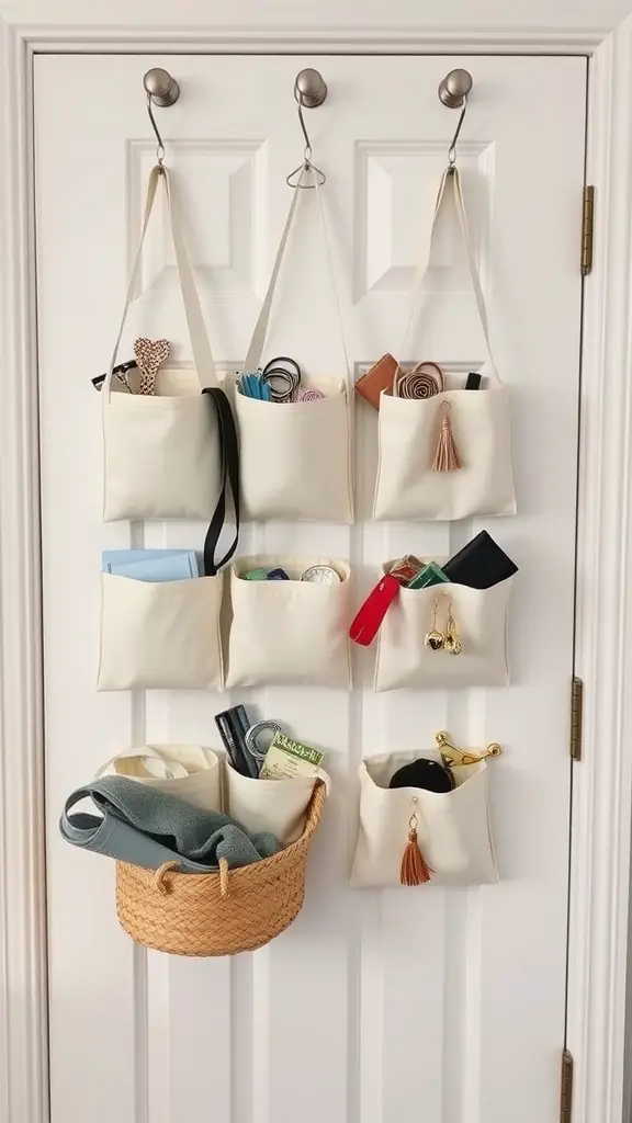19 Creative DIY Storage Box Ideas You Need to Try 12 A set of hanging fabric storage bags on a door, neatly organized with various items inside.