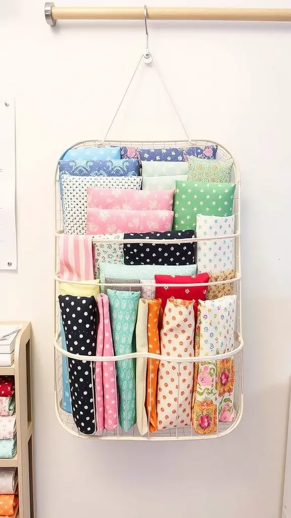 21 Creative Fabric Storage Solutions You Need to Try 15 A hanging basket filled with colorful rolled fabric pieces, showcasing various patterns and designs.