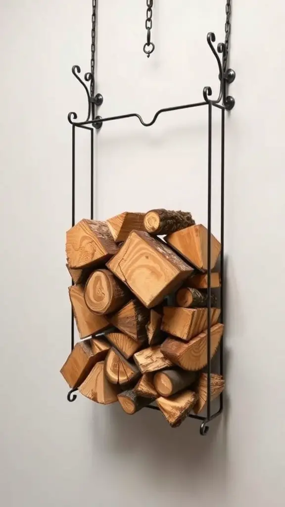 19 Creative Outdoor Firewood Storage Ideas You'll Love 13 A modern hanging firewood storage unit holding neatly stacked logs.