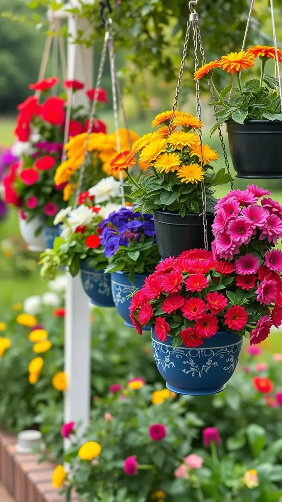 19 Enchanted Garden Ideas to Transform Your Outdoor Space 15 Colorful hanging garden planters filled with vibrant flowers.
