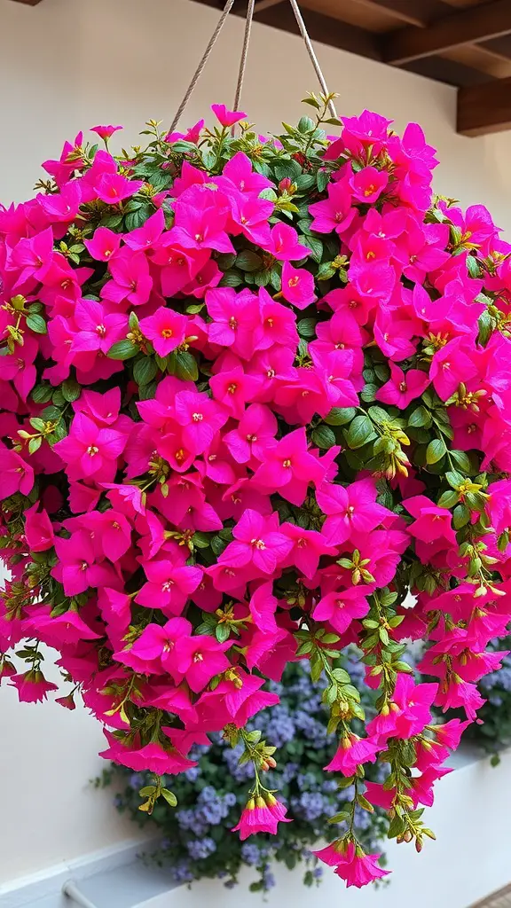 23 Vibrant Mexican Garden Ideas to Transform Your Outdoor Space 4 A vibrant hanging basket filled with pink bougainvillea flowers.