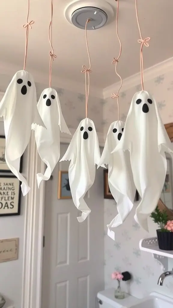 29 Spook-tacular Halloween Bathroom Decor Ideas 12 Five hanging ghost decorations made from white fabric with black eyes and mouths, suspended from the ceiling.