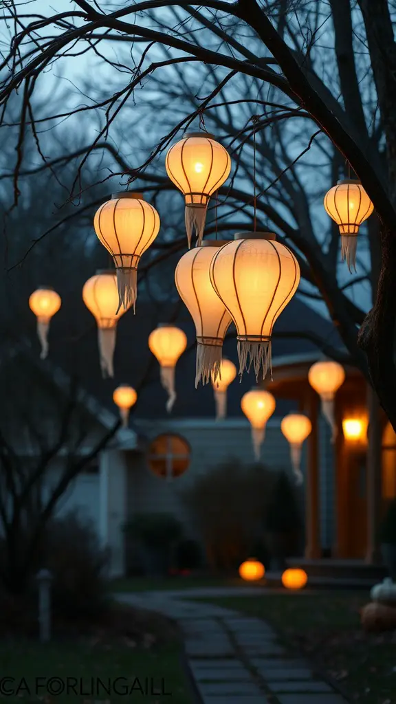A collection of glowing lanterns hanging from a tree, resembling ghosts, in a front yard decorated for Halloween.