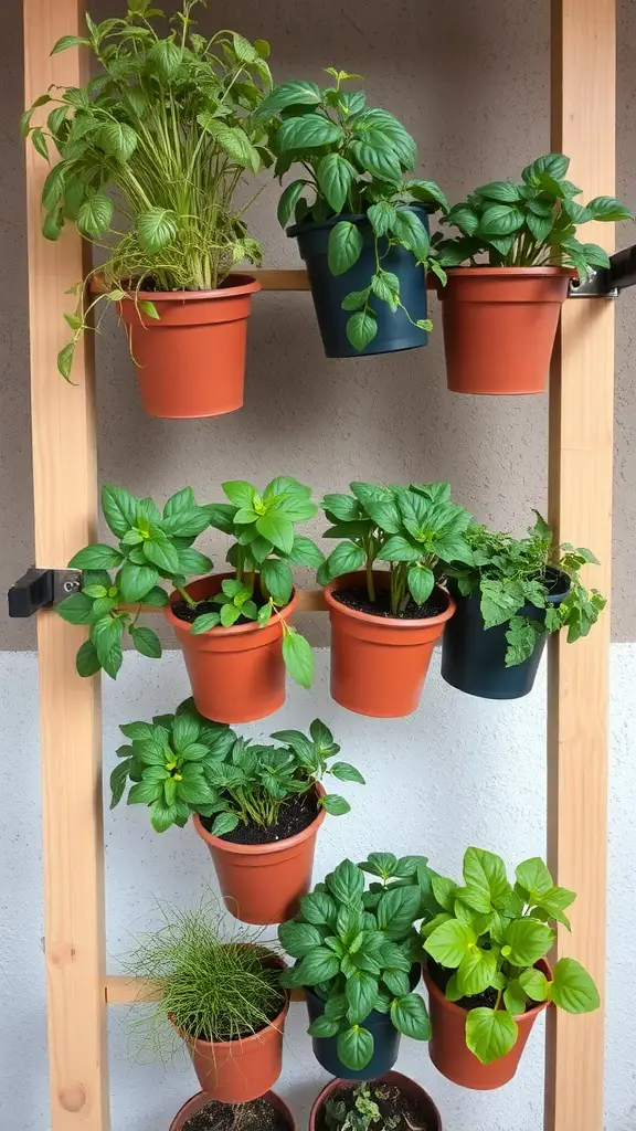 19 Creative Garden Wall Ideas to Transform Your Outdoor Space 10 A vertical arrangement of pots with various herbs growing in a wooden shelf.