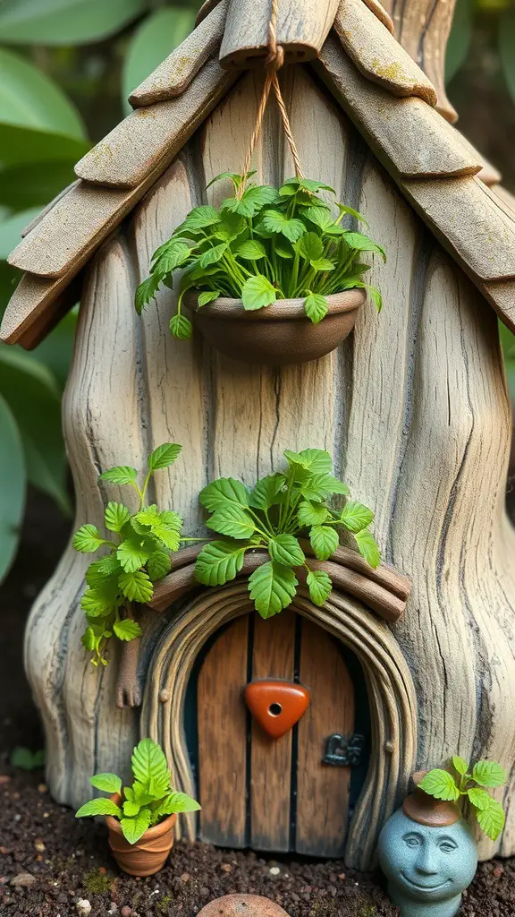 A fairy house with a hanging herb garden above the door, featuring vibrant green herbs in a round pot.