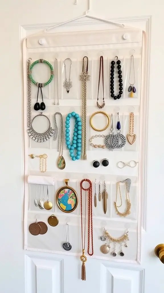 A hanging jewelry organizer with various necklaces, earrings, and bracelets displayed in clear pockets.