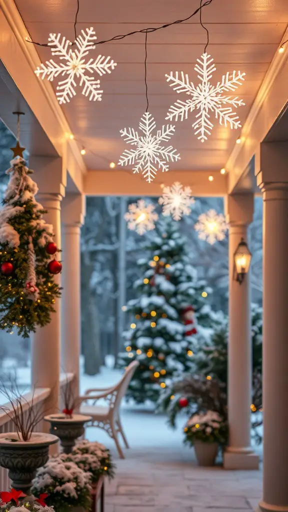A cozy porch decorated with hanging lighted snowflakes and holiday greenery.