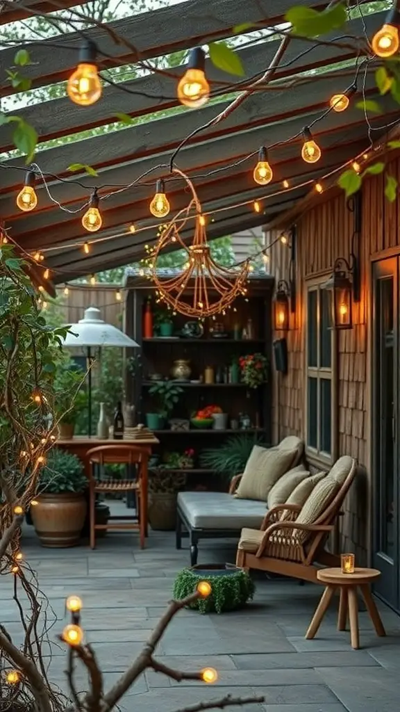 23+ Creative Patio String Light Ideas to Transform Your Outdoor Space 6 A cozy patio with string lights hanging above a seating area, surrounded by natural elements like branches and plants.