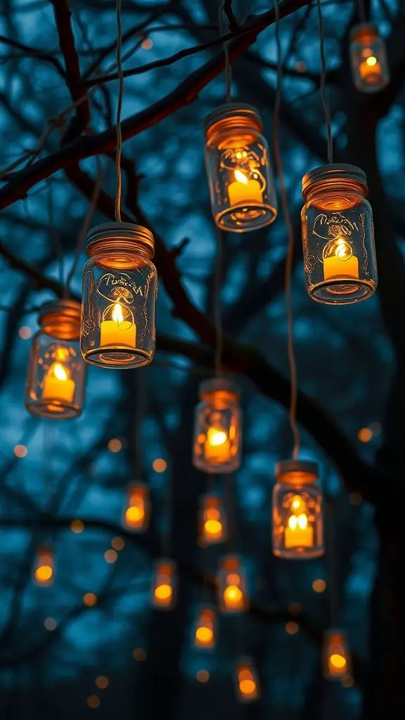 23 Creative DIY Yard Decor Ideas You Can't Miss 4 Hanging mason jar lanterns glowing softly in a tree at dusk