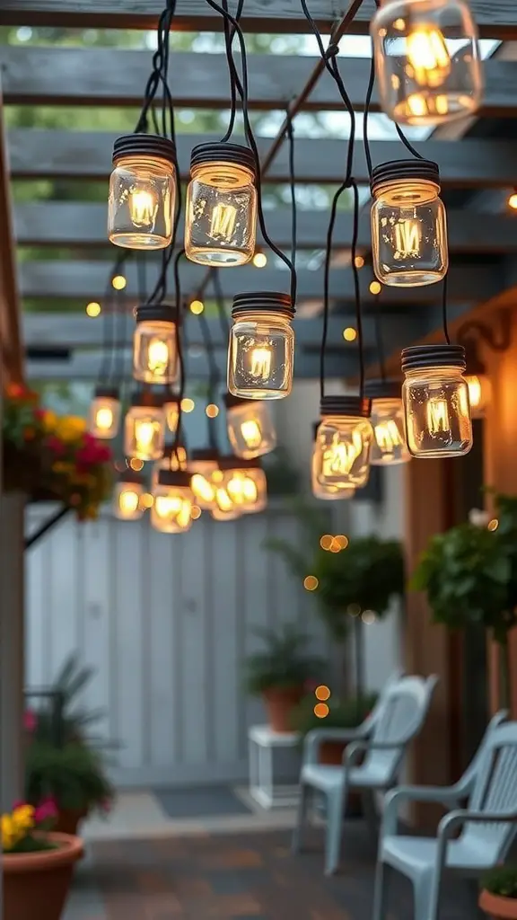 23+ Creative Patio String Light Ideas to Transform Your Outdoor Space 13 Hanging mason jars with twinkling lights illuminating a patio