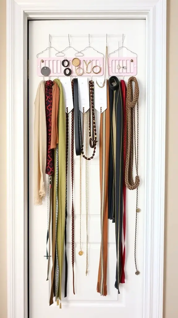 23 Creative Small Closet Organization Ideas for Maximum Space 4 Hanging organizers displaying scarves, belts, and jewelry on a door.