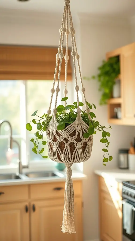 19 Stunning DIY Macrame Plant Hangers to Elevate Your Home Decor 7 A macrame plant hanger with a green plant, hanging in a kitchen setting.