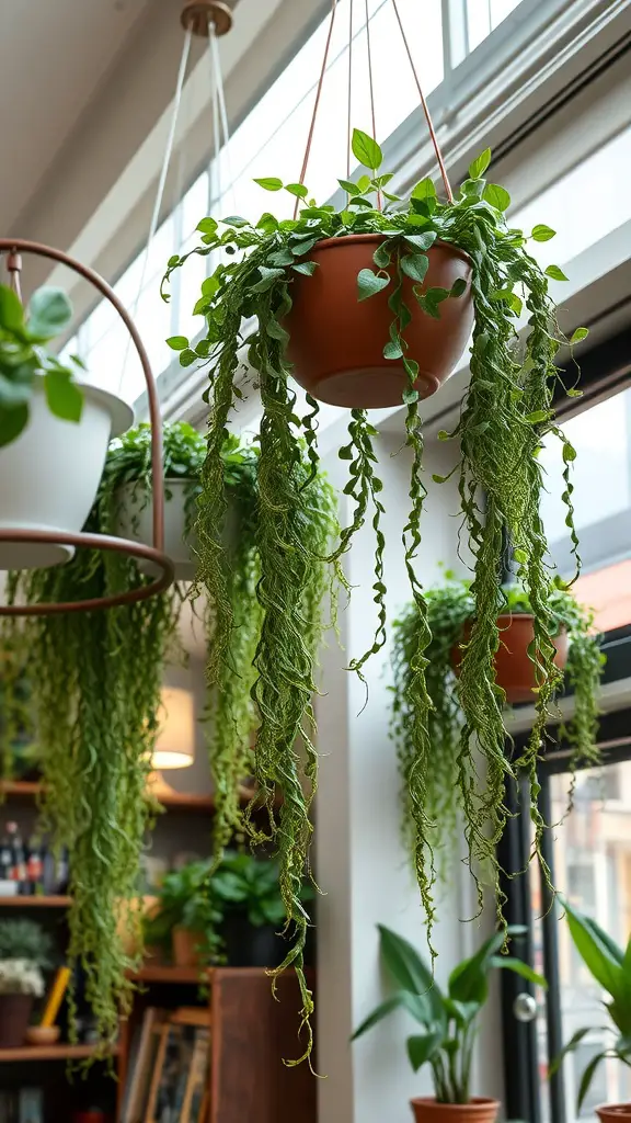 17 Creative Indoor Garden Ideas to Transform Your Space 10 Hanging planters with lush green plants cascading down, creating a vibrant indoor garden atmosphere.
