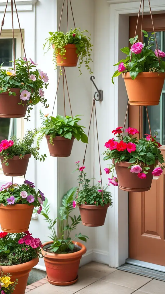 17 Creative Small Apartment Patio Ideas You’ll Love 10 A display of hanging planters with colorful flowers on a small apartment patio.