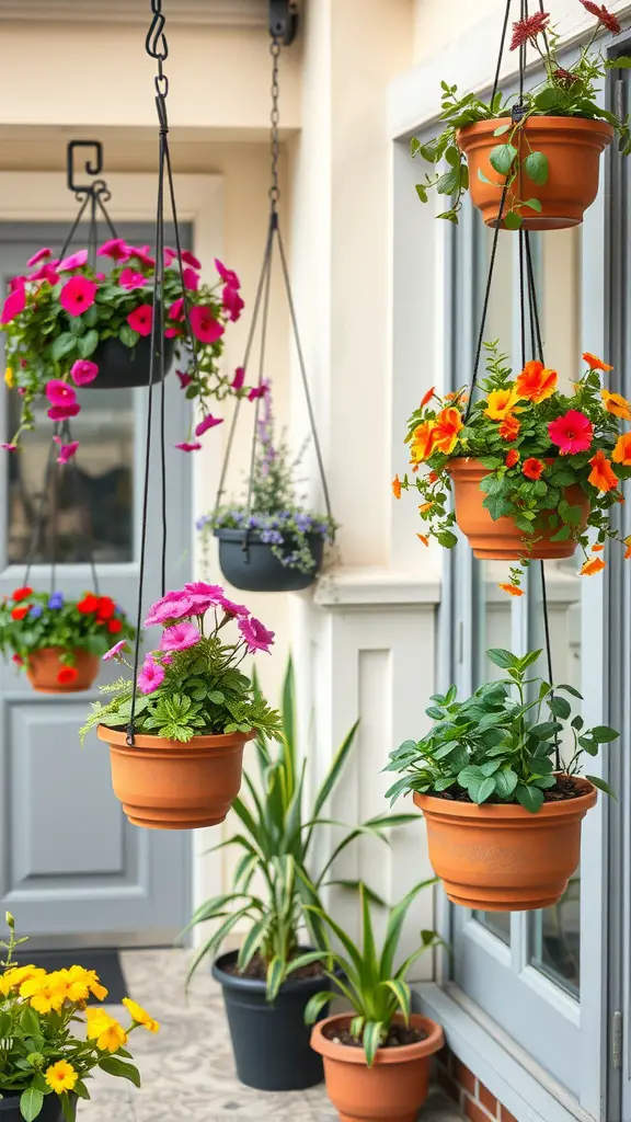 29 Creative Small Patio Decorating Ideas You’ll Love 6 Colorful hanging planters with flowers on a patio
