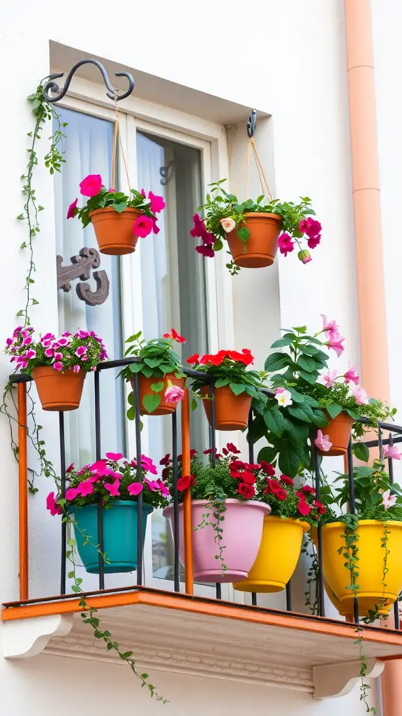 21 Creative Balcony Landscaping Ideas You’ll Love 2 Colorful hanging planters with flowers on a balcony