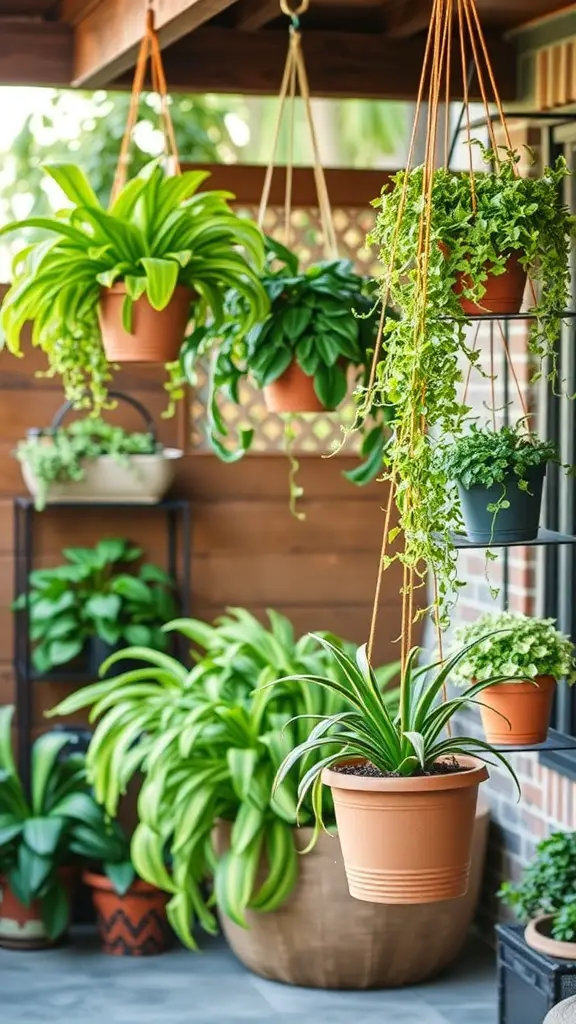 A collection of hanging plants in pots, showcasing various green foliage on a patio.