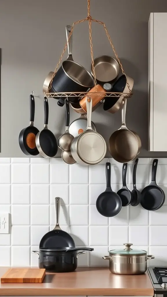 17 Smart Small Kitchen Storage Ideas You’ll Love 2 A hanging pot rack displaying various pots and pans in a modern kitchen.