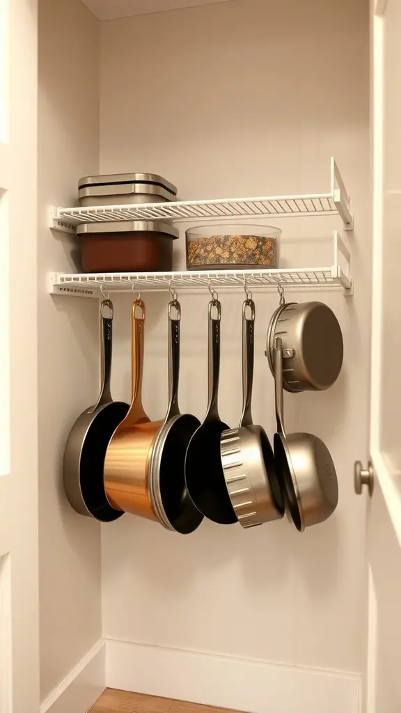 41+Inspiring Pantry Shelving Ideas to Maximize Your Space 17 A hanging rack displaying various pots and pans in a kitchen setting.
