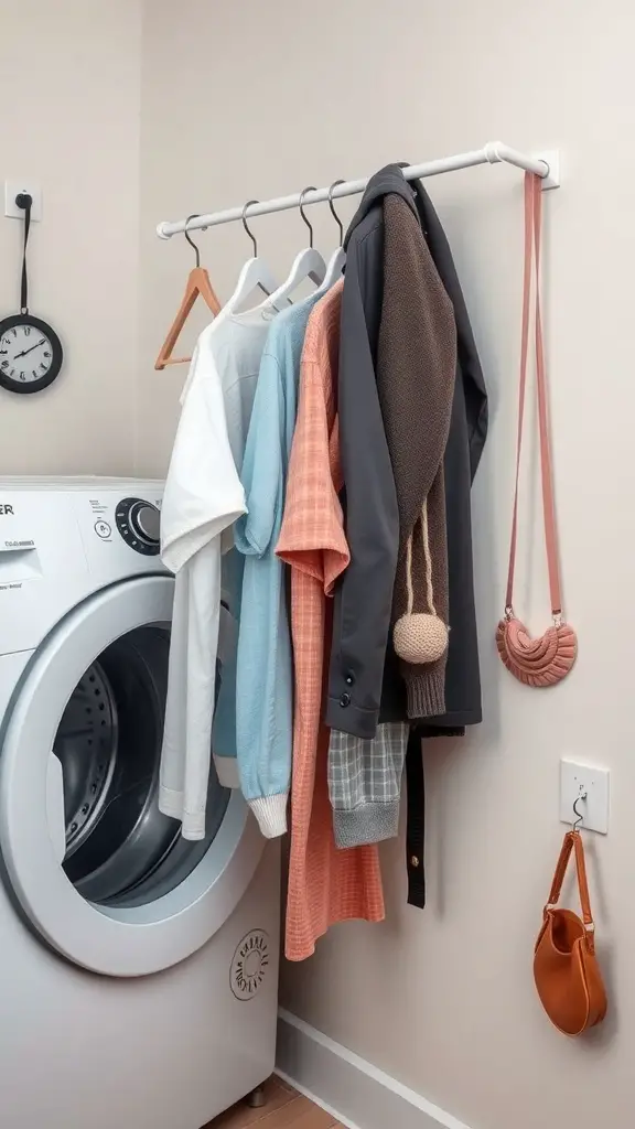 23+Creative Laundry Room Storage Ideas You Need to Try 14 A laundry room with a hanging rod displaying various clothes, next to a washing machine.