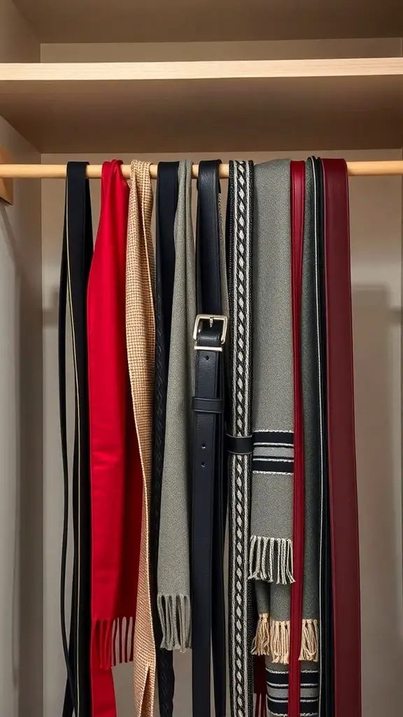 17+ Smart Closet Storage Ideas to Maximize Space 9 A hanging rod displaying various scarves and belts in a closet.