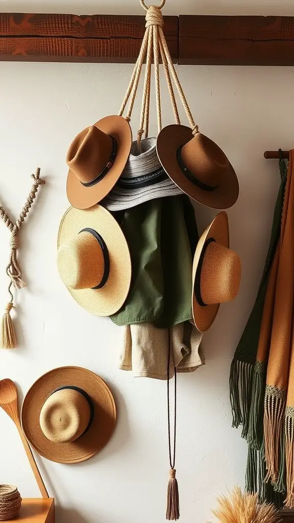 19 Creative Hat Rack Ideas for Your Home 6 A collection of hats hanging from a rope organizer, showcasing various styles and colors.