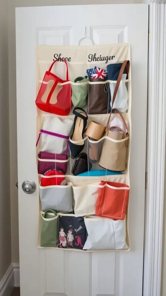 A hanging shoe organizer filled with various bags on a door.
