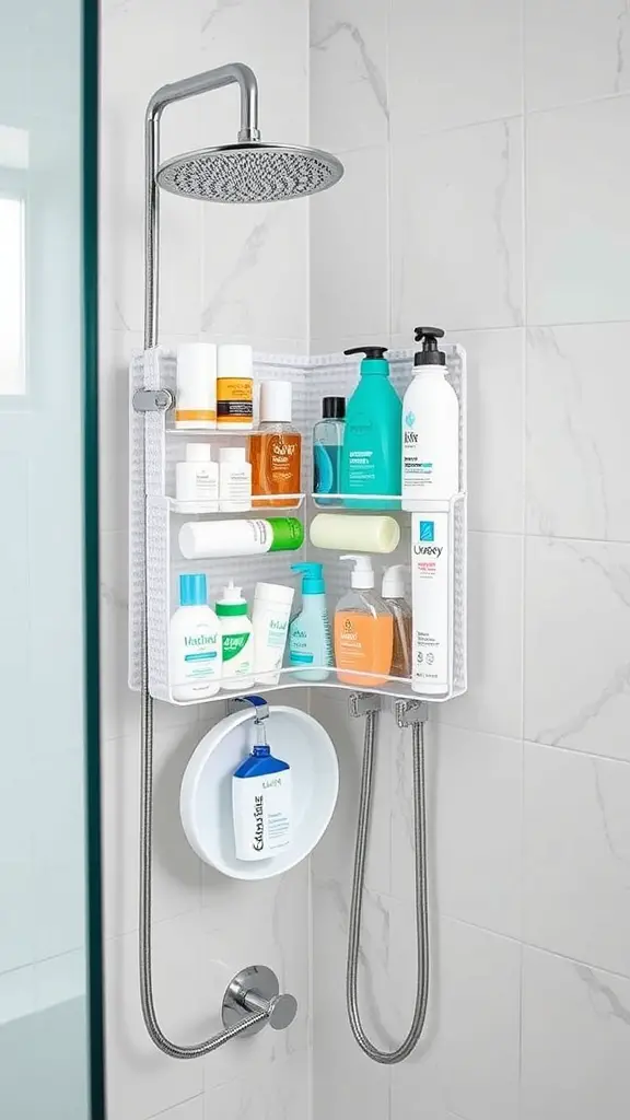 19+Stylish and Functional Shower Caddy Ideas to Organize Your Space 5 Hanging shower organizer with multiple shelves and hooks, displaying various bottles and a circular tray.