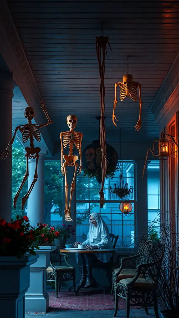 A spooky Halloween porch with hanging skeletons and a ghostly figure at a table.