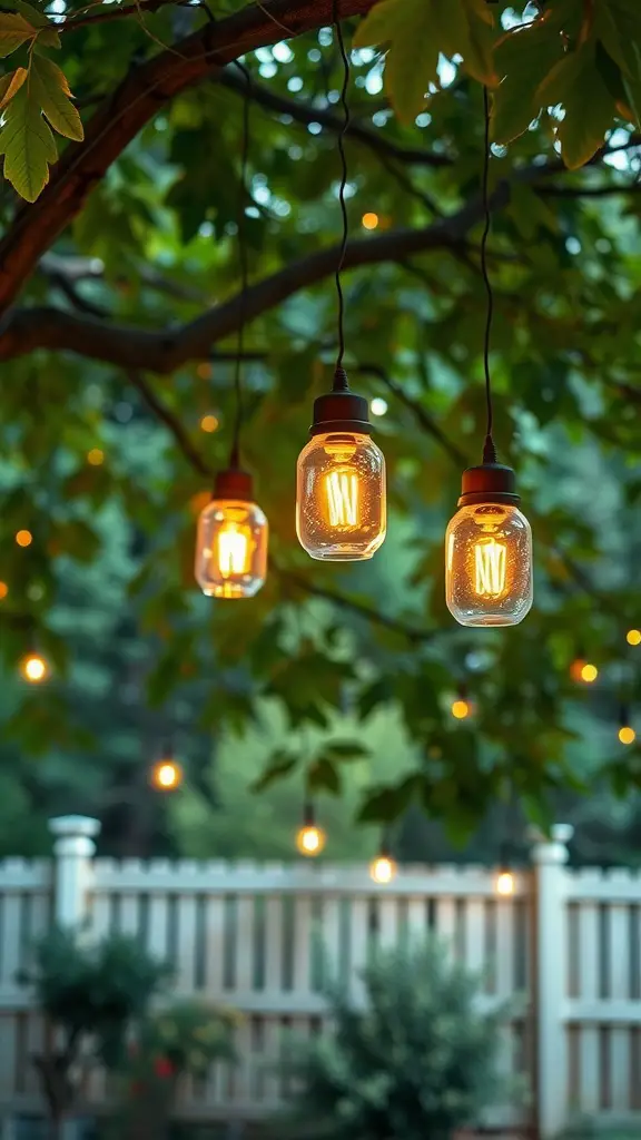 Hanging solar lights in glass jars from tree branches, glowing warmly in a garden setting.