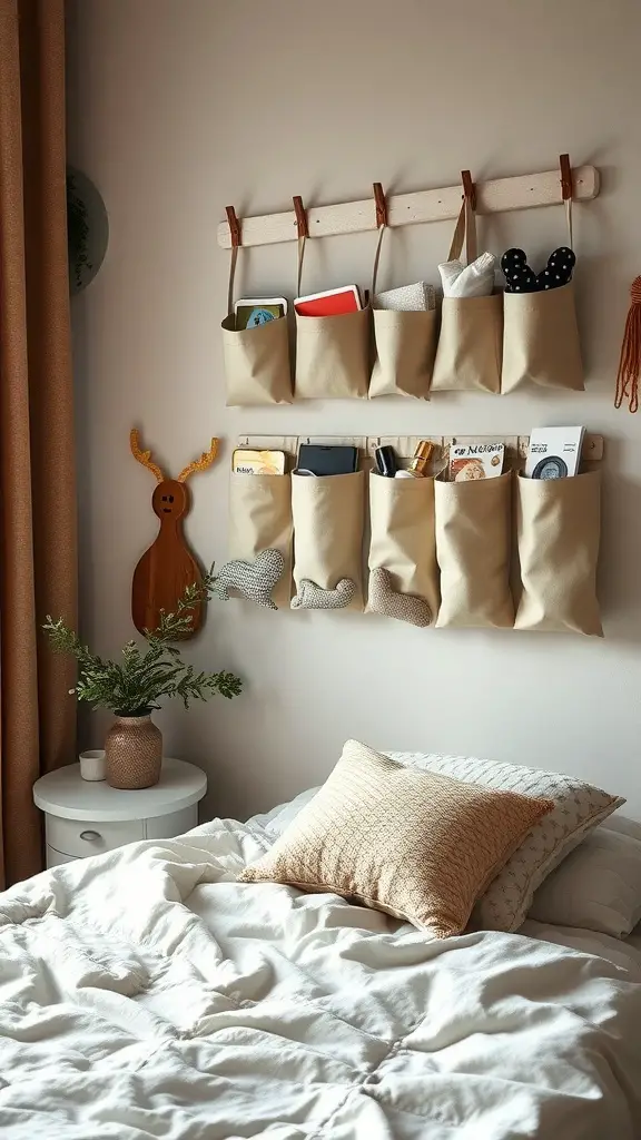 19+ Creative No Closet Solutions for Every Space 16 A wall-mounted hanging storage solution with fabric pockets, displaying books and small items in a cozy bedroom setting.