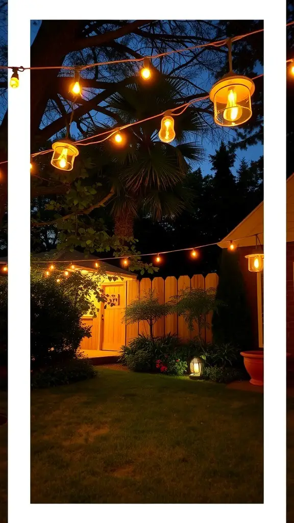 19 Creative Backyard Ideas for Renters 5 Backyard with hanging string lights illuminating the space at night.