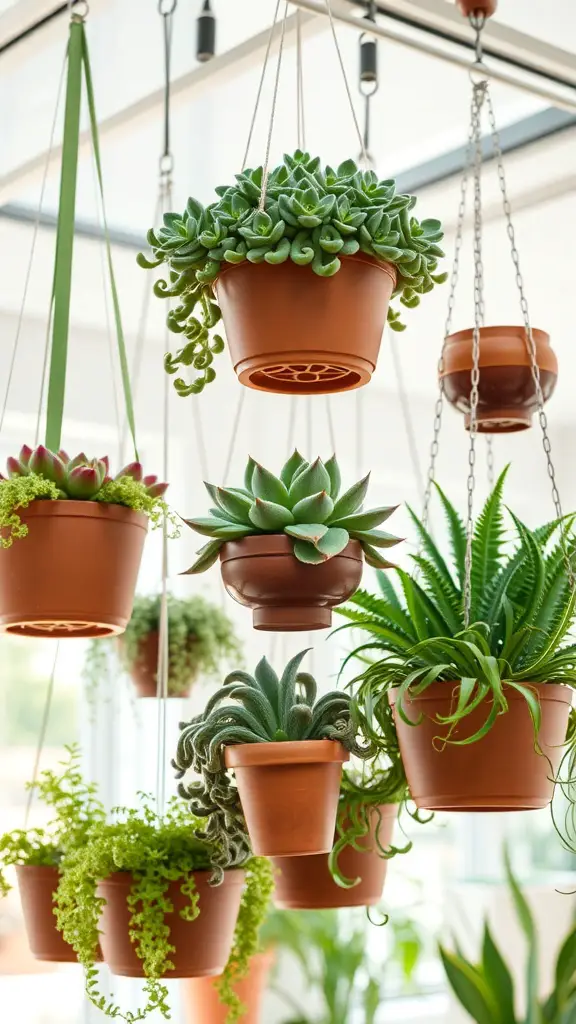 17 Stunning Succulent Garden Ideas for Your Home 10 A variety of hanging succulent planters in terracotta pots, showcasing different succulent types.