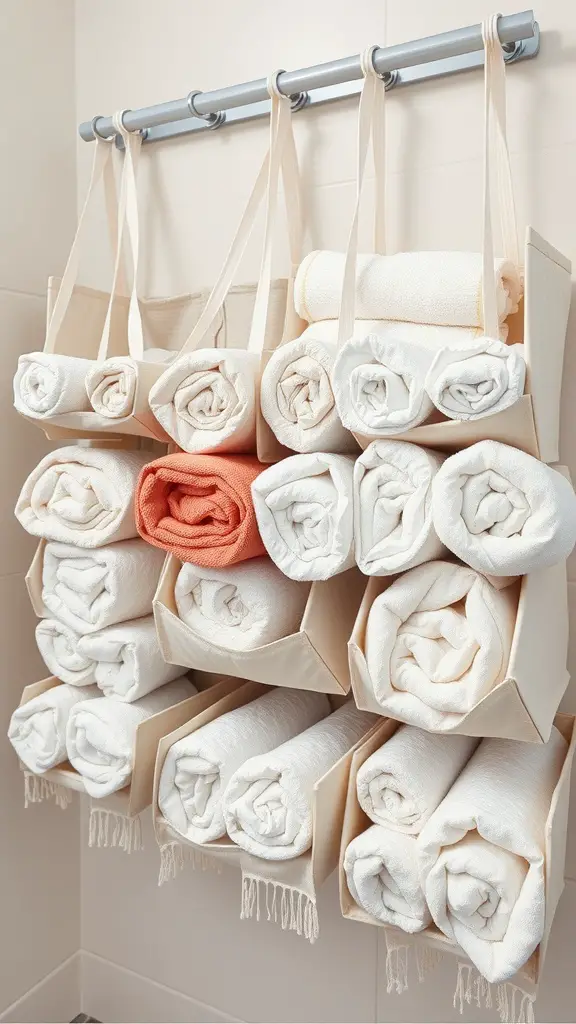 Hanging towel organizer with rolled towels in various colors