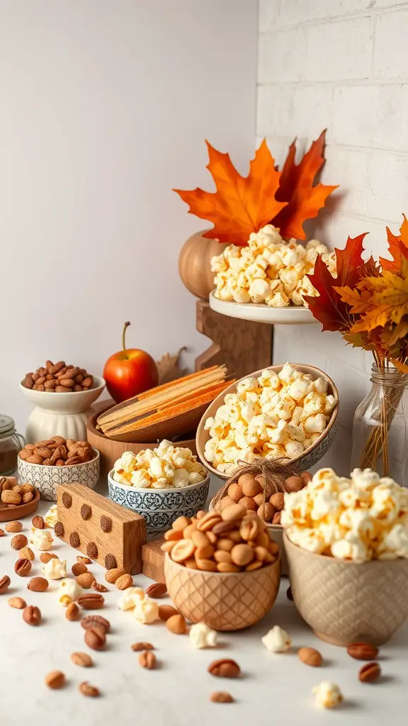 17 Creative Fall-Themed Baby Shower Ideas You’ll Love 6 A harvest-inspired snack bar featuring popcorn, nuts, and autumn decorations.