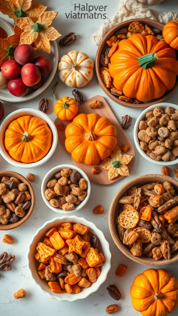 21 Adorable Pumpkin Baby Shower Ideas You’ll Love 15 A harvest-inspired snack table featuring mini pumpkins, colorful snacks, and autumn-themed treats.