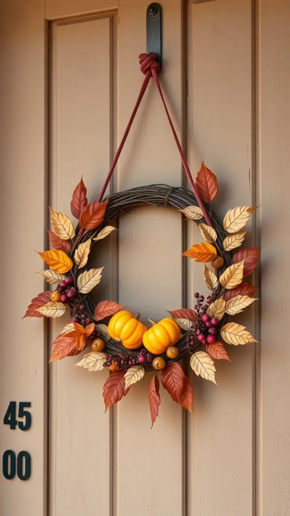A harvest-themed wreath featuring autumn leaves, small pumpkins, and berries hanging on a door.