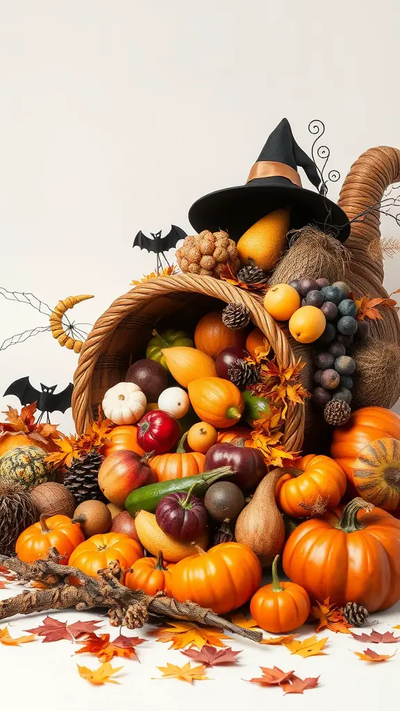 A colorful harvest cornucopia centerpiece with fruits, vegetables, and Halloween decorations.