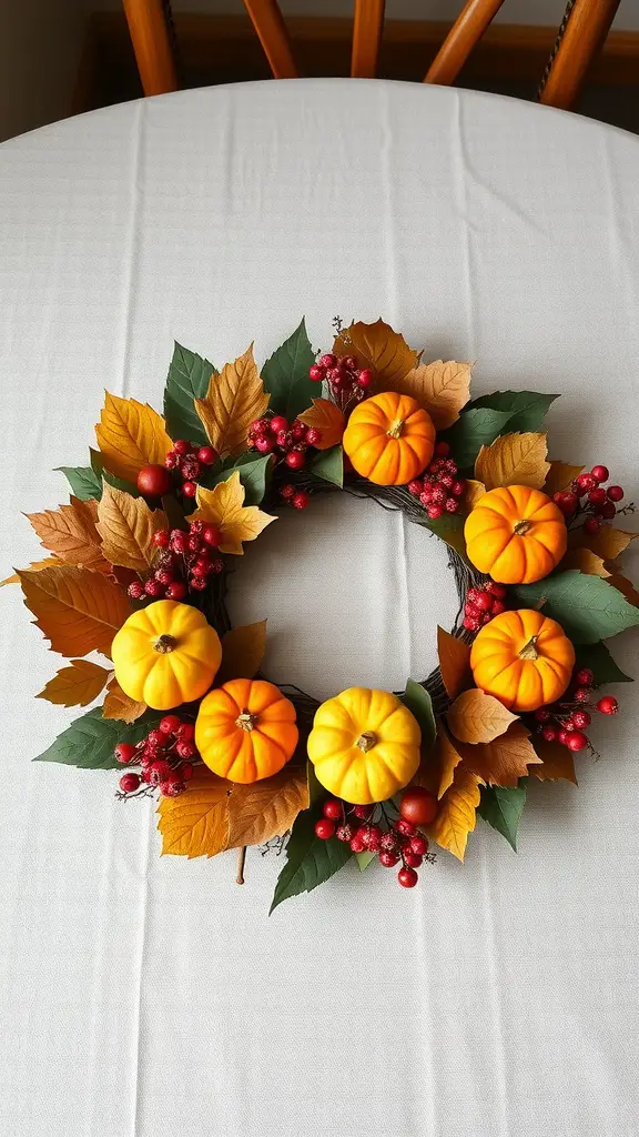 17 Stunning Fall Centerpieces for Your Dining Table 11 A colorful harvest wreath centerpiece featuring pumpkins, autumn leaves, and berries on a table.