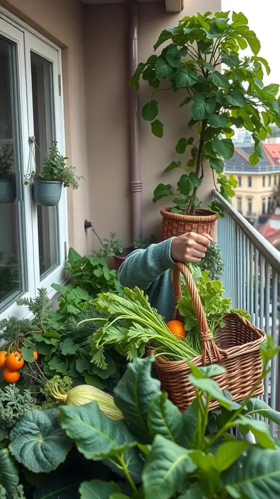 19 Must-Have Vegetables for Your Balcony Garden 15 A person harvesting vegetables from a balcony garden, surrounded by various plants and a basket.