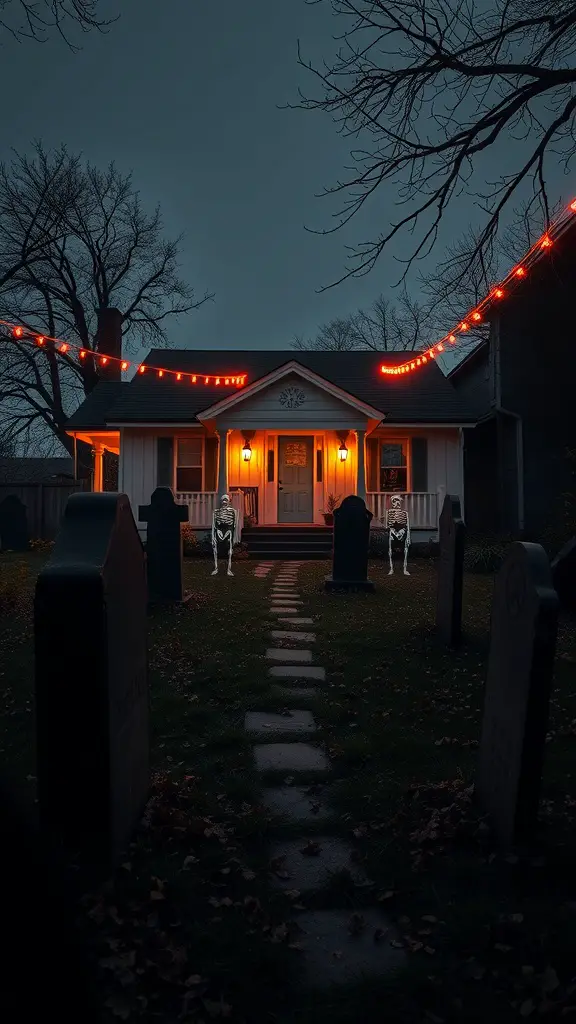 A haunted graveyard scene with skeletons, tombstones, and orange lights.