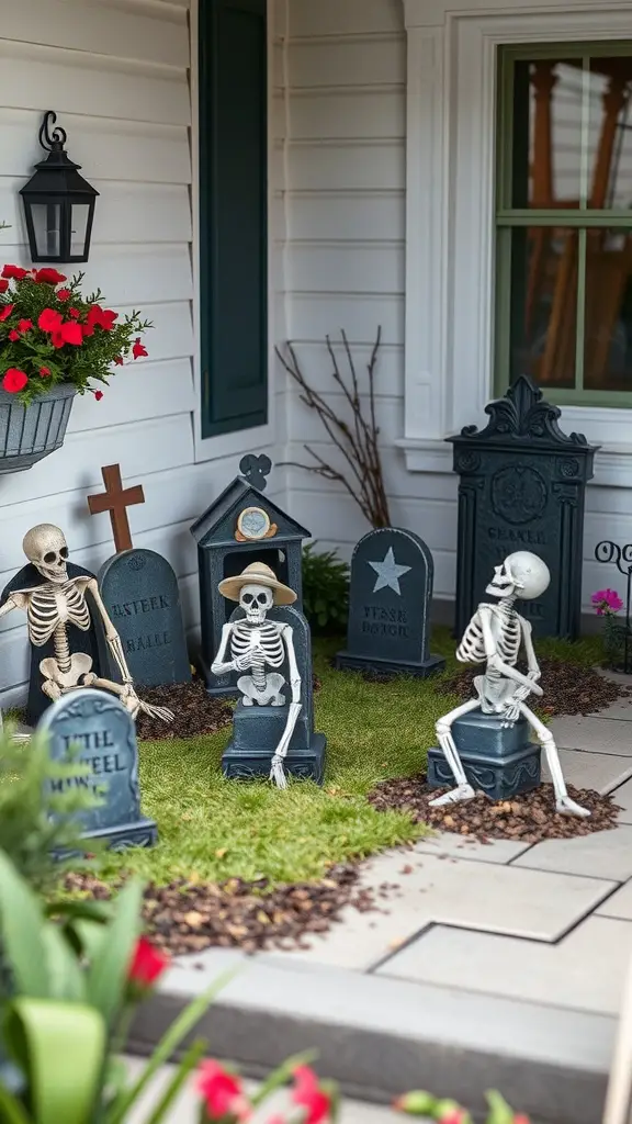 A haunted graveyard scene with skeletons and tombstones on a porch.